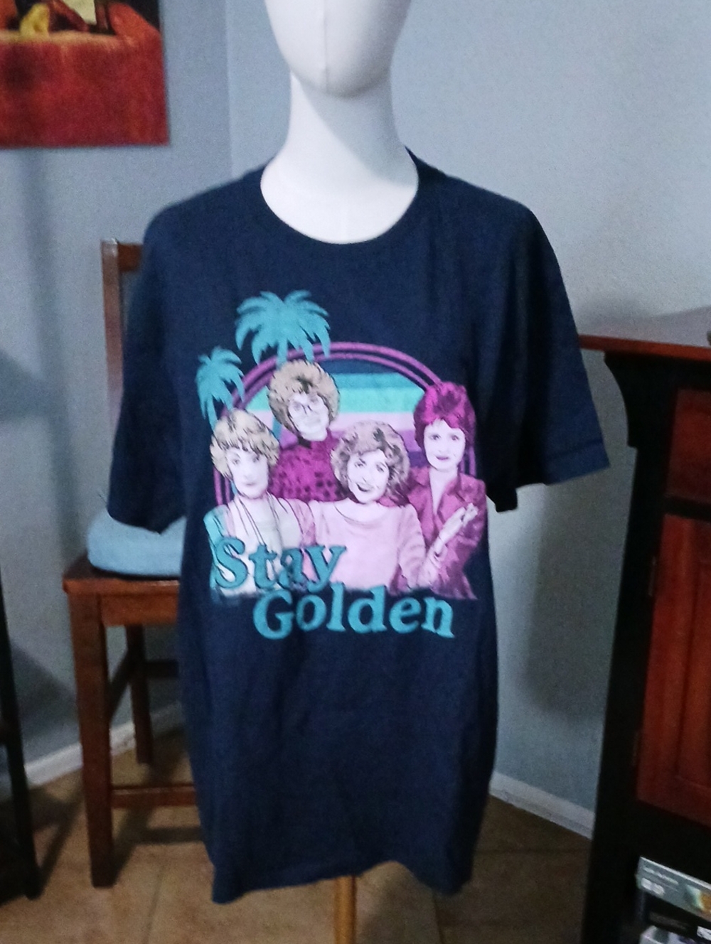 NEW!! Stay Golden Women's Graphic Tee - Navy with Teal & Pink Print
